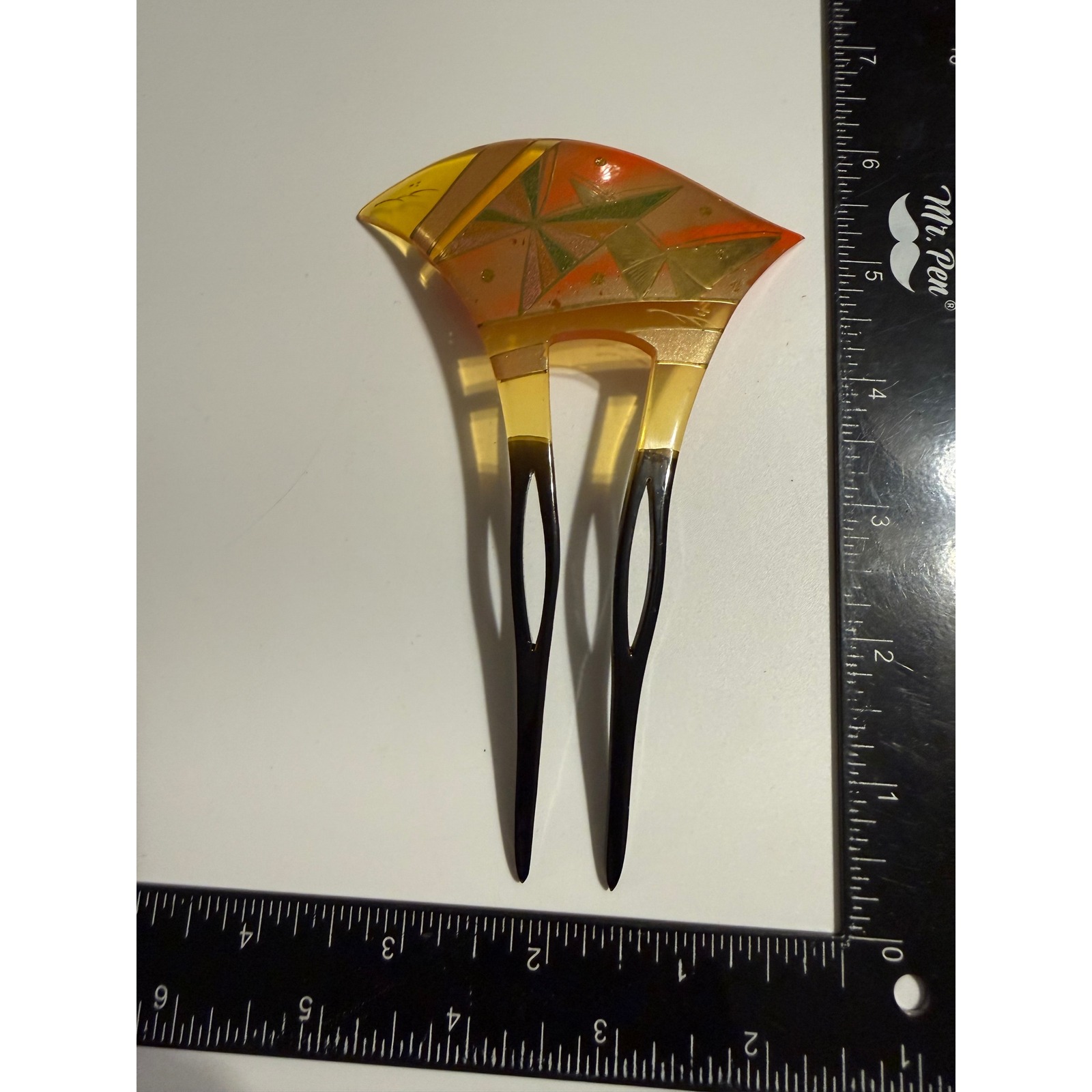 Vintage Japanese Kanzashi Hair Pin Tortoiseshell Style Orange Gold Fan Geisha